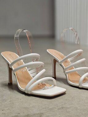 Strappy White High Heel Sandals With Square Toe  Strap  Elegant Style For Women